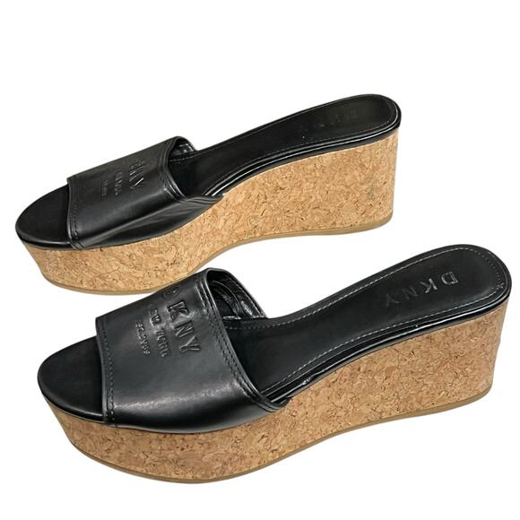 DKNY Platform Wedge Sandal Womens 8.5 Black Logo Cork Like Slip On Retro Chic - Picture 2 of 13